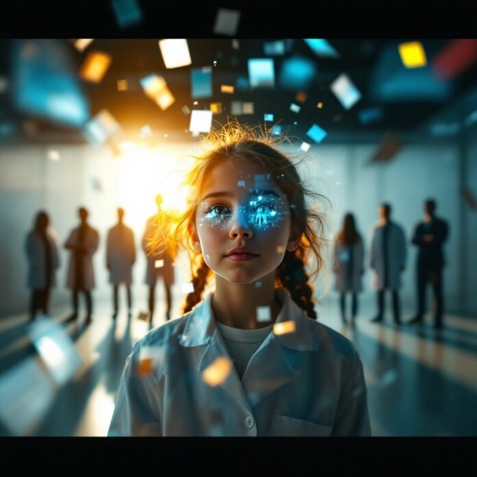 A young girl in a lab coat looks through a kaleidoscope, seeing fragmented STEM career possibilities. Behind her, a line of male scientists casts long shadows, representing the gender disparity in STEM fields and limited exposure for girls.